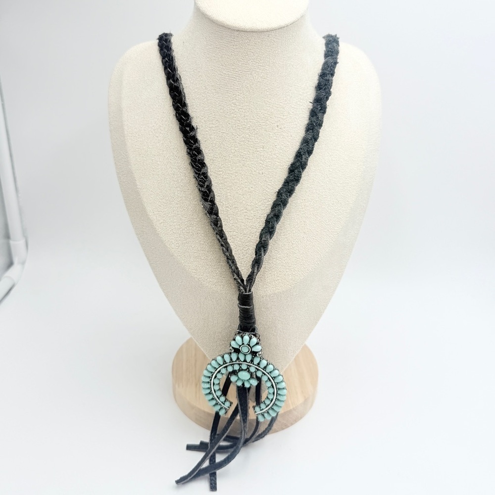 Turquoise Naja Navajo Pendant Leather Braid Necklace